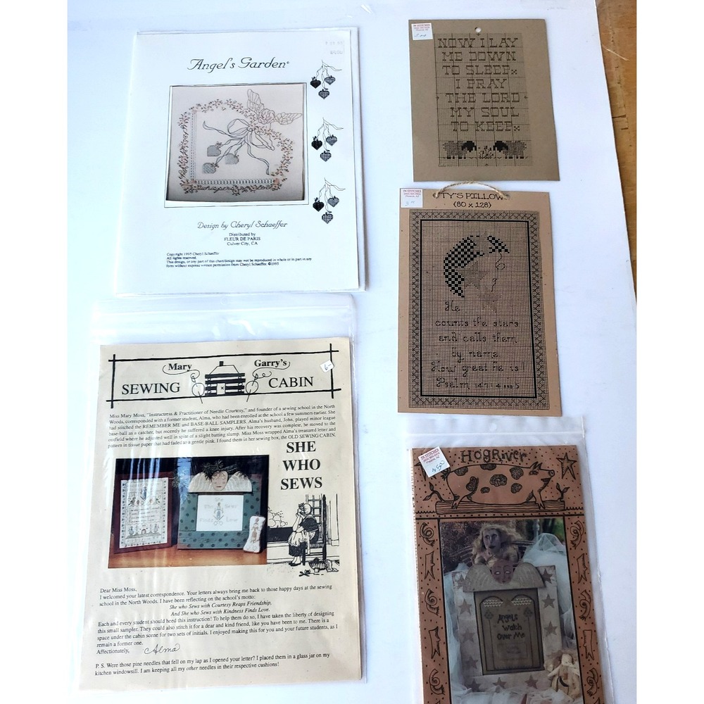 MARY GARRY'S SEWING CABIN Cross Stitch Lot of 5 Vintage 90's OOP Angels Garden